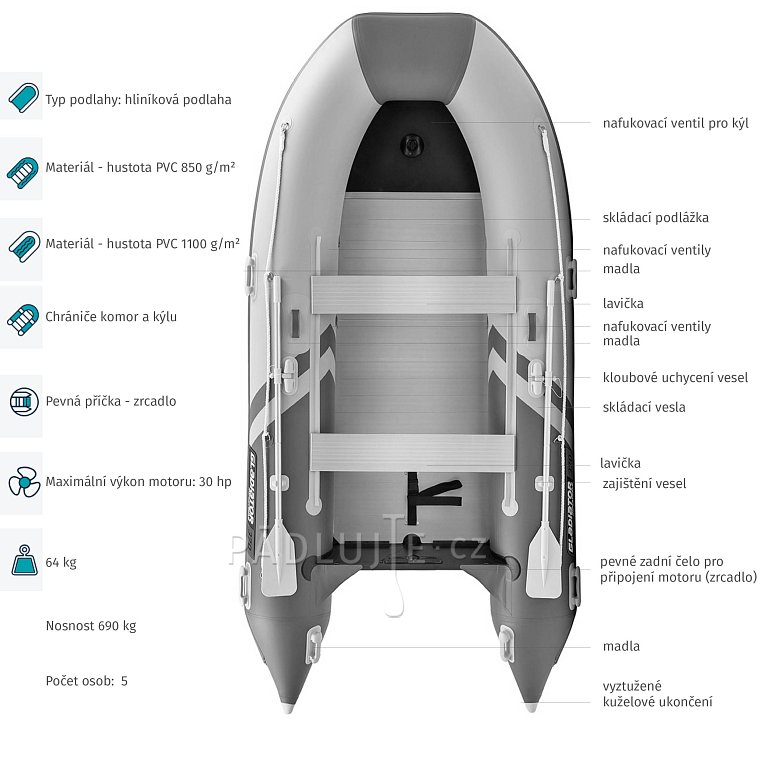 Člun GLADIATOR CLASSIC B370AL light dark grey- nafukovací člun s hliníkovou podlahou
