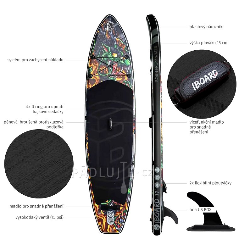 Paddleboard iBOARD 11' GREEN DRAGON - nafukovací